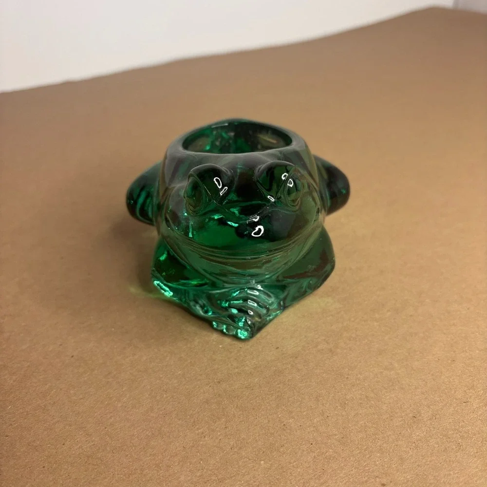 Vintage Green Glass Frog Candle Holder Votive Paperweight Cute Decor